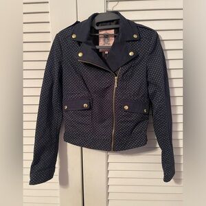 Juicy Couture navy jacket with white polka dots. XS Gold zippers & buttons.